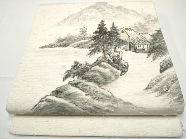 平和屋着物●九寸開き名古屋帯 作家物 手描き 髭紬 風景文 金彩 正絹 逸品 CABE0248hy