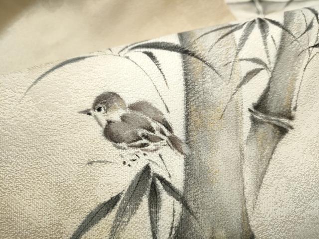 平和屋着物●九寸名古屋帯 作家物 手描き 笹竹鳥文 雀 猫 金彩 正絹 逸品 CABE0250hy