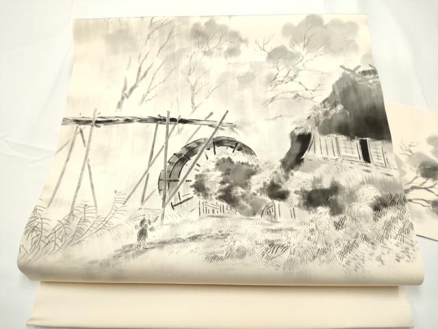 平和屋着物●塩瀬 九寸名古屋帯 作家物 手描き 風景文 三越扱い 正絹 逸品 CABE0276hy
