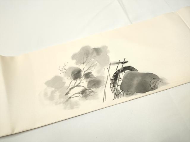 平和屋着物●塩瀬 九寸名古屋帯 作家物 手描き 風景文 三越扱い 正絹 逸品 CABE0276hy