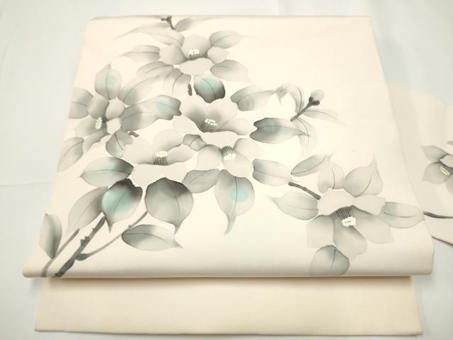 平和屋着物●塩瀬 九寸名古屋帯 作家物 手描き 枝椿 正絹 逸品 CABE0277hy