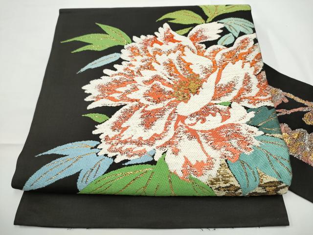 平和屋着物●九寸名古屋帯 唐織 牡丹 金糸 正絹 逸品 CABE0349hy