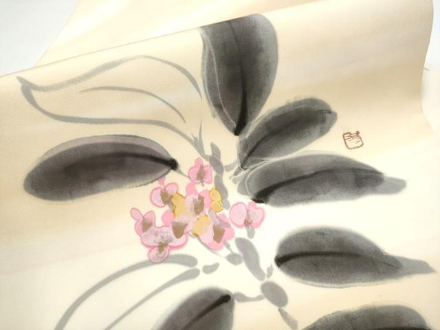 平和屋着物▼塩瀬 九寸名古屋帯 作家物 手描き 枝花文 正絹 逸品 CABE0353hy