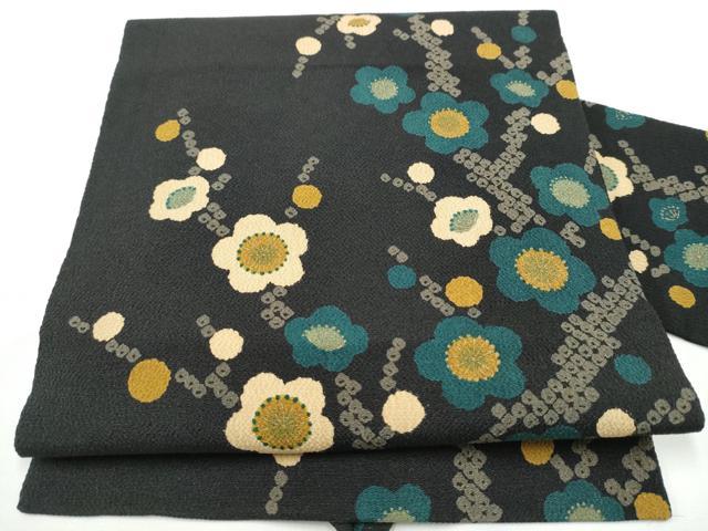 平和屋着物●全通柄 九寸名古屋帯 枝梅文 黒地 金彩 正絹 逸品 CABE0356hy