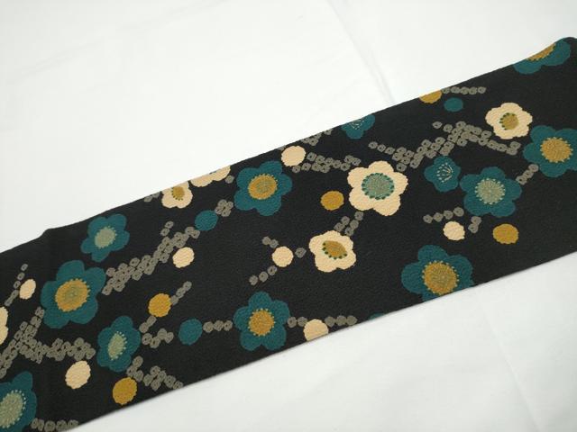 平和屋着物●全通柄 九寸名古屋帯 枝梅文 黒地 金彩 正絹 逸品 CABE0356hy