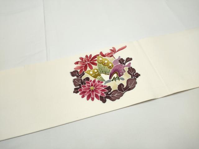 平和屋着物●塩瀬 九寸名古屋帯 型染め 花蝶文 正絹 逸品 CABE0363hy
