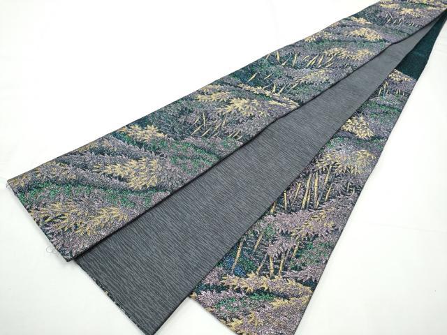 平和屋着物●両面 半幅帯 笹竹文 梨花 金糸 正絹 逸品 CABE0383hy