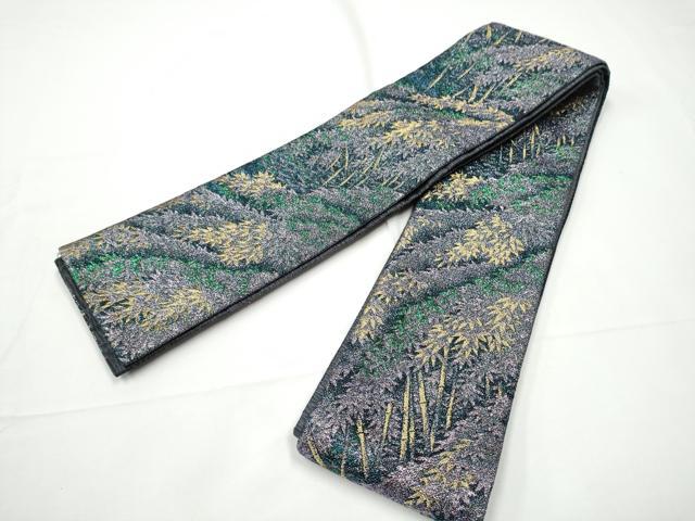 平和屋着物●両面 半幅帯 笹竹文 梨花 金糸 正絹 逸品 CABE0383hy