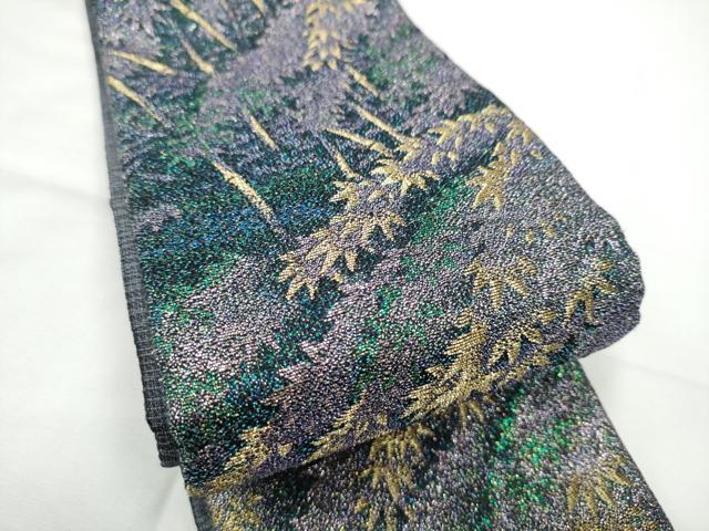平和屋着物●両面 半幅帯 笹竹文 梨花 金糸 正絹 逸品 CABE0383hy