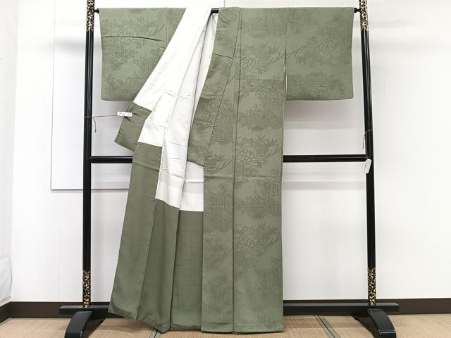 平和屋着物■上質な色無地 雲取り花文 松竹梅 老竹色 正絹 逸品 CABE0462xi