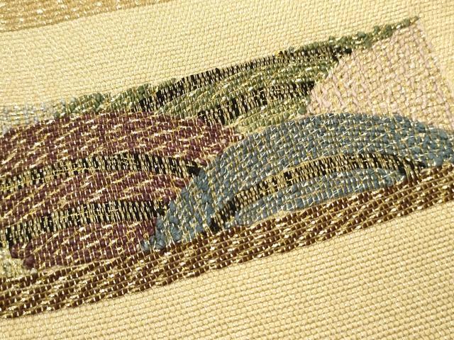 平和屋着物▼太鼓柄袋帯 駒刺繍 吉祥文 金通し地 正絹 逸品 CABE1264ak