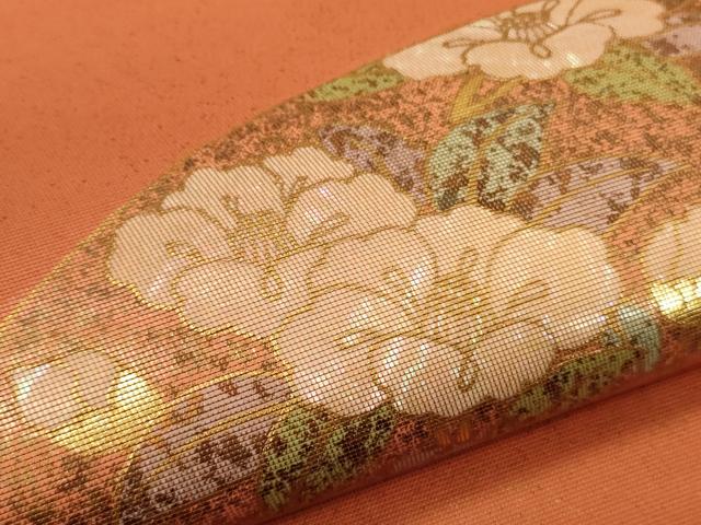 平和屋着物▼太鼓柄袋帯 螺鈿箔 扇面草花文 金彩 引箔 正絹 逸品 未使用 CABE1351ak