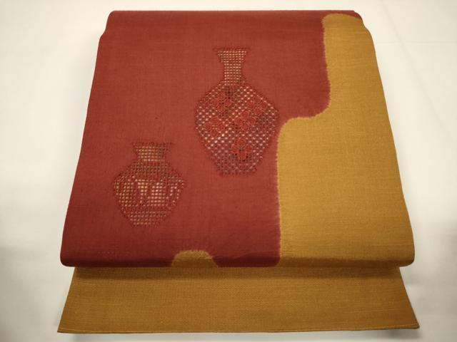 平和屋着物▼中国三大刺繍 スワトウ刺繍 太鼓柄袋帯 紬地 陶器文 正絹 逸品 CABE1352ak