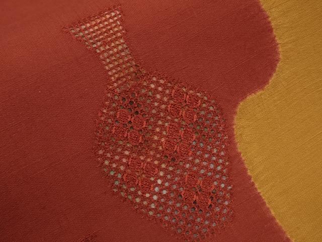 平和屋着物▼中国三大刺繍 スワトウ刺繍 太鼓柄袋帯 紬地 陶器文 正絹 逸品 CABE1352ak