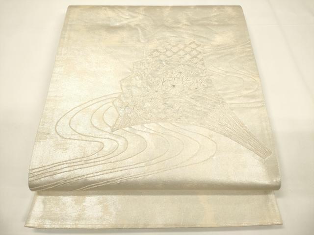 平和屋着物▼中国三大刺繍 相良刺繍 太鼓柄袋帯 総刺繍 流水扇面花文 銀糸 引箔 正絹 逸品 CABE1358ak