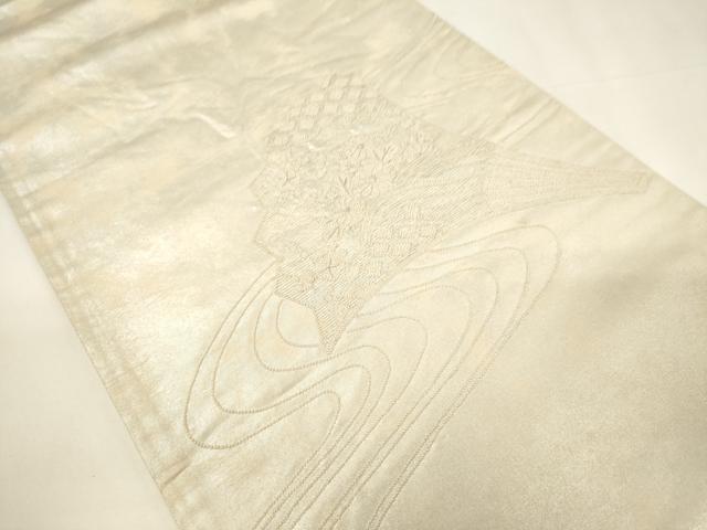 平和屋着物▼中国三大刺繍 相良刺繍 太鼓柄袋帯 総刺繍 流水扇面花文 銀糸 引箔 正絹 逸品 CABE1358ak