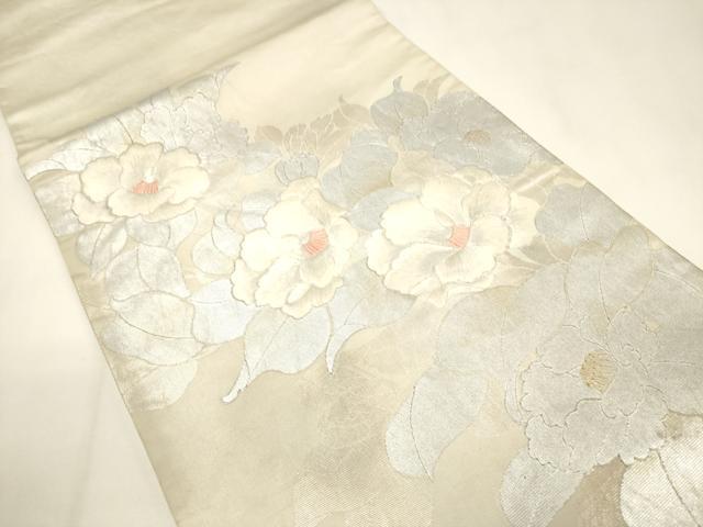 平和屋着物◎太鼓柄袋帯 駒刺繍 牡丹文 銀彩 正絹 逸品 CABE1553ak