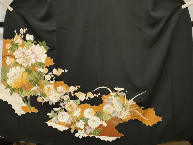 平和屋着物■豪華黒留袖 駒刺繍 流水枝花文 金彩 正絹 逸品 CABE1854ev