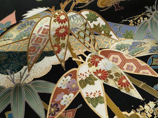 平和屋着物●豪華黒留袖 駒刺繍 鬘帯飛鶴雲取り吉祥花唐草文 金彩 正絹 逸品 CABE2010yc