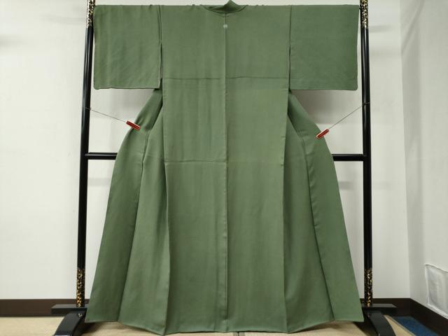 平和屋着物●上質な色無地 唐草地紋 草色 正絹 逸品 CABE2058yc