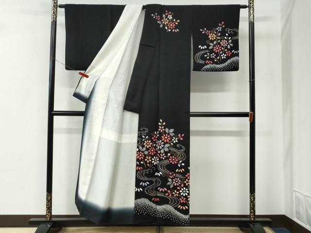 平和屋着物●訪問着 絞り 立波枝花文 黒地 正絹 逸品 CABE2141yc