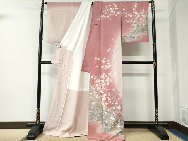 平和屋着物●十日町友禅作家 松雨 訪問着 尾長鳥流水草花文 暈し染め 金彩 ロング丈 正絹 逸品 CABE2188yc