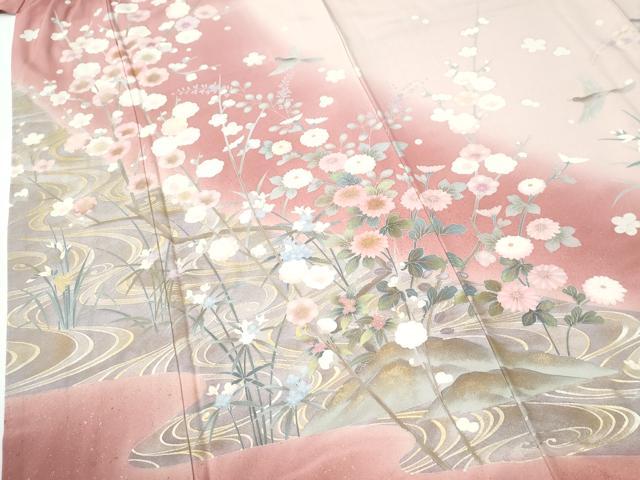 平和屋着物●十日町友禅作家 松雨 訪問着 尾長鳥流水草花文 暈し染め 金彩 ロング丈 正絹 逸品 CABE2188yc