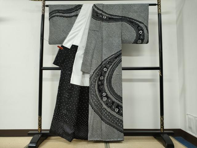 平和屋着物●訪問着 総絞り 吉祥草花文 黒地 正絹 逸品 CABE2197yc