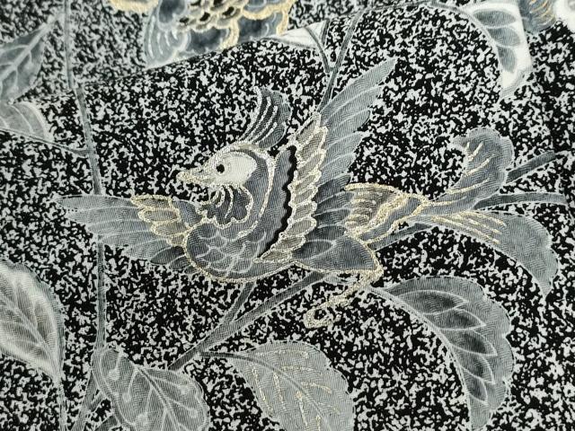 平和屋着物●上質な小紋 鳳凰更紗草花文 たたき染め 黒地 金彩 正絹 逸品 CABE2231yc