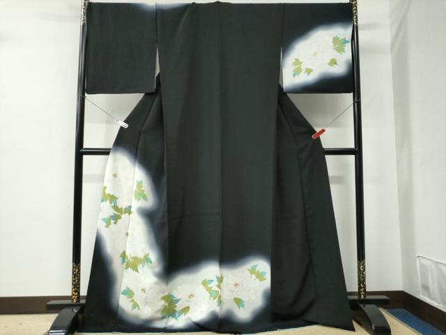 平和屋着物●訪問着 牡丹 暈し染め 黒地 金彩 ロング丈 正絹 逸品 CABE2253yc