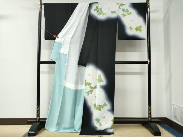 平和屋着物●訪問着 牡丹 暈し染め 黒地 金彩 ロング丈 正絹 逸品 CABE2253yc