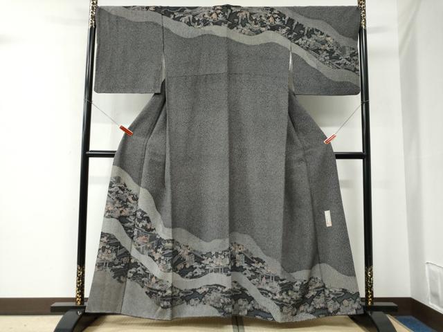 平和屋着物●人間国宝 初代六谷梅軒の息子 二代目 六谷梅軒(六谷博臣)江戸小紋 訪問着 道長人物風景文 黒地 正絹 逸品 CABE2254yc