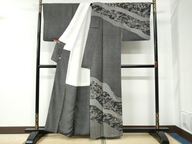平和屋着物●人間国宝 初代六谷梅軒の息子 二代目 六谷梅軒(六谷博臣)江戸小紋 訪問着 道長人物風景文 黒地 正絹 逸品 CABE2254yc