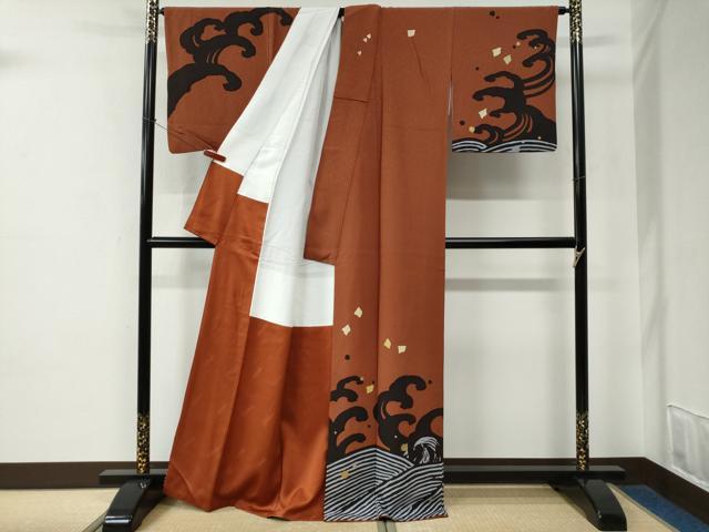 平和屋着物●二代目清次郎 手描き 訪問着 立波千鳥文 金彩 正絹 逸品 CABE2289yc