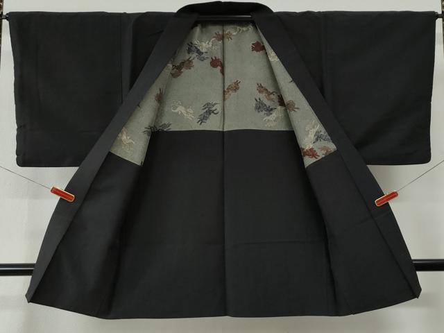 平和屋着物●男性 紬 アンサンブル 霞文 黒地 羽裏:唐獅子 正絹 逸品 CABE2404yc
