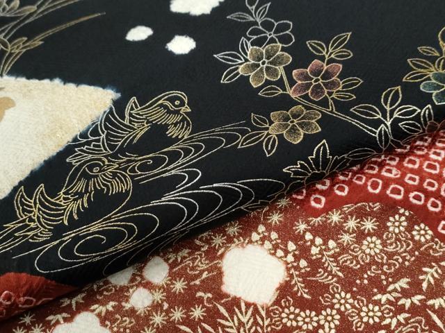 平和屋着物●訪問着 絞り 刺繍 鴛鴦松皮菱草花文 黒地 金彩 正絹 逸品 CABE2504yc