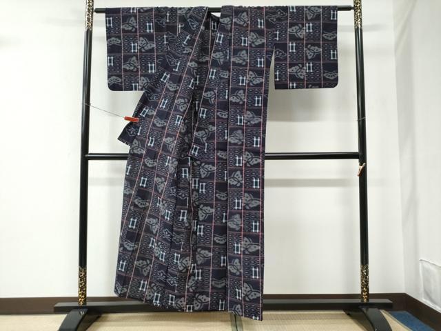 平和屋着物●久留米絣 単衣 格子吉祥舞蝶文 綿 逸品 CABE2506yc