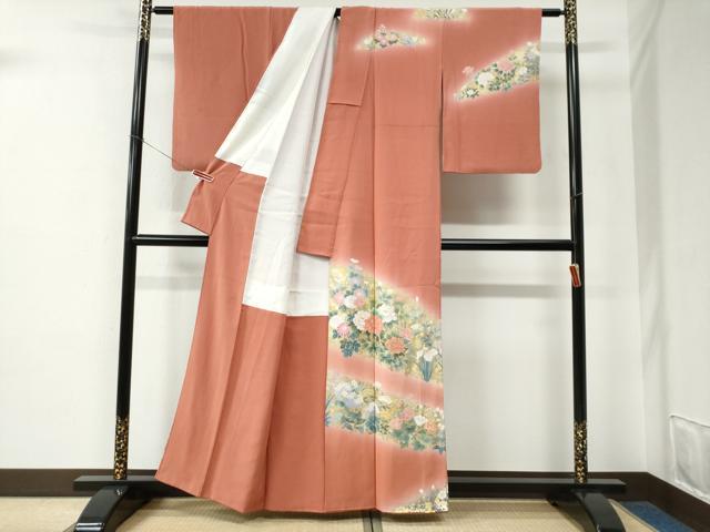 平和屋着物●訪問着 作家物 牡丹草花文 暈し染め 金銀彩 正絹 逸品 CABE2516yc