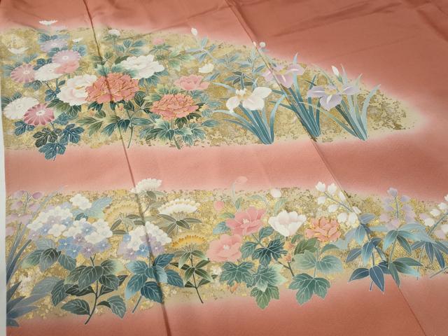 平和屋着物●訪問着 作家物 牡丹草花文 暈し染め 金銀彩 正絹 逸品 CABE2516yc