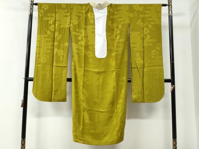 平和屋着物●振袖用長襦袢 無双仕立て エ霞舞桜枝梅地紋 菜種油色 半衿刺繍 正絹 逸品 CABE2531yc
