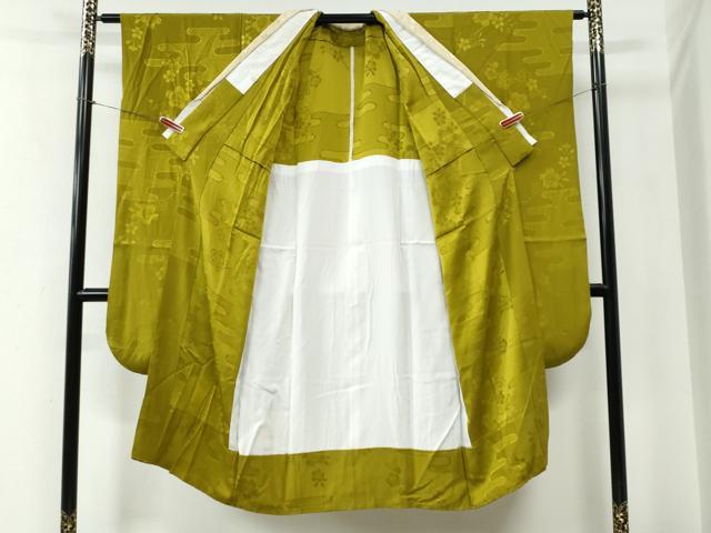 平和屋着物●振袖用長襦袢 無双仕立て エ霞舞桜枝梅地紋 菜種油色 半衿刺繍 正絹 逸品 CABE2531yc