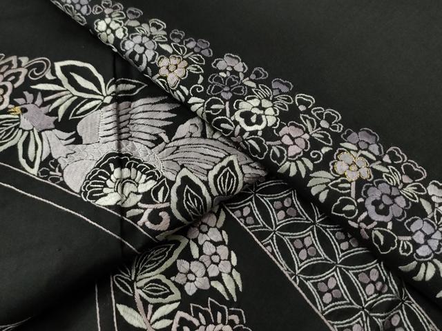 平和屋着物●訪問着 駒刺繍 総刺繍 鬘帯鳳凰更紗吉祥花文 黒地 金糸 ますいわ屋扱い 正絹 逸品 CABE2543yc