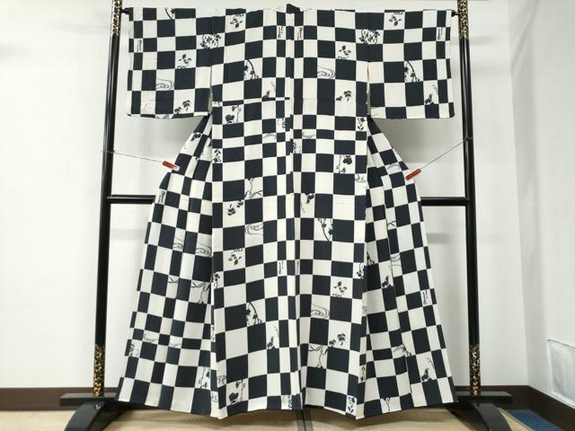 平和屋着物●上質な小紋 型染め 変わり市松 流水 枝花文 正絹 逸品 CABE2549yc