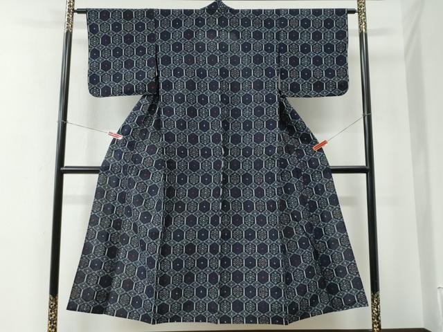 平和屋着物●久留米絣 単衣 亀甲花文 綿 逸品 CABE2551yc