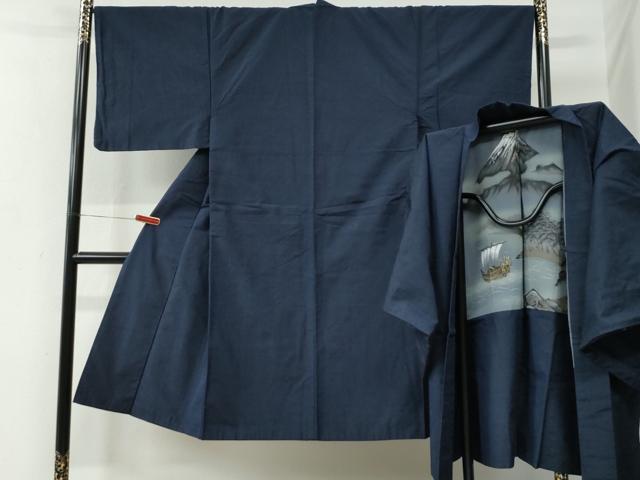 平和屋着物●男性 紬 アンサンブル 色無地 濃藍色 正絹 逸品 CABE2567yc