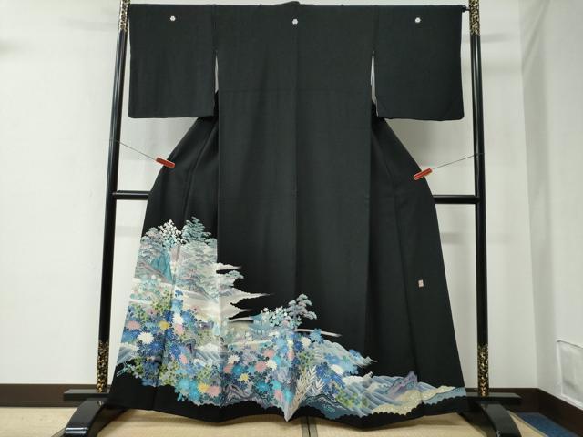 平和屋着物●豪華黒留袖　友禅　作家物　松竹梅風景花文　正絹　逸品　CABE2578yc 平和屋着物○豪華黒留袖 友禅 作家物 松竹梅風景花文 正絹 逸品