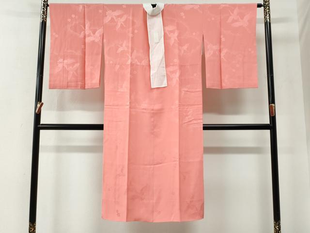 平和屋着物●長襦袢 袷 飛鶴舞桜地紋 珊瑚色 半衿刺繍 正絹 逸品 CABE2587yc
