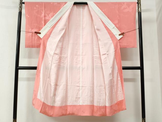 平和屋着物●長襦袢 袷 飛鶴舞桜地紋 珊瑚色 半衿刺繍 正絹 逸品 CABE2587yc