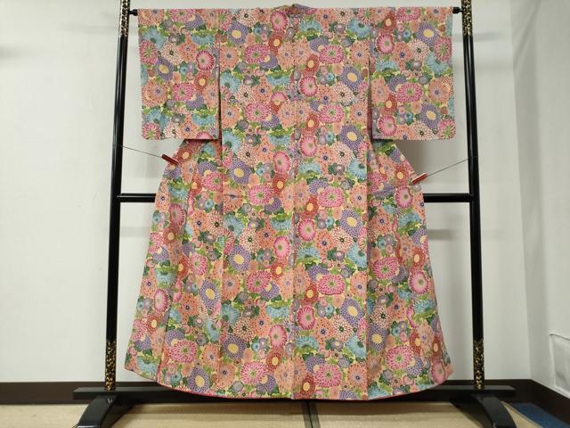 平和屋着物●上質な小紋 型染め 菊尽くし 鬼しぼ縮緬 正絹 逸品 CABE2605yc