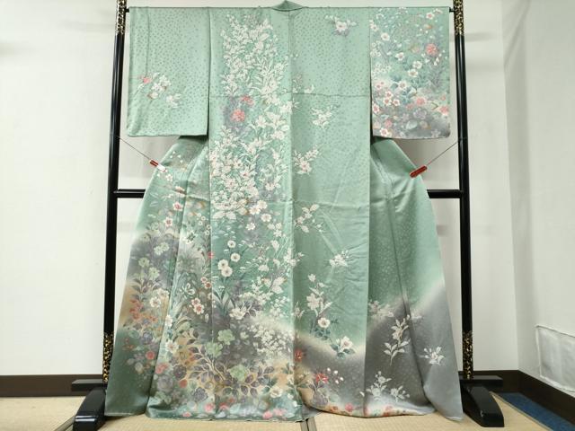 平和屋着物●訪問着 絞り 草花文 暈し染め 金彩 ロング丈 正絹 逸品 未使用 CABE2606yc